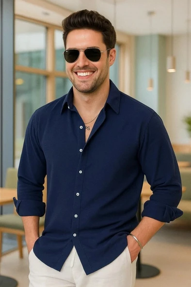 Erkek Uzun Kollu Regular Sofya Keten Gömlek - Resim 2