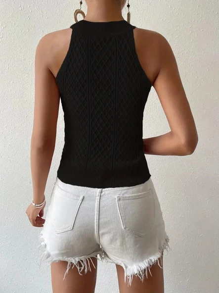 Kadın Kolsuz Halter Yaka Mini Baklava Desenli Triko Bluz - Resim 13