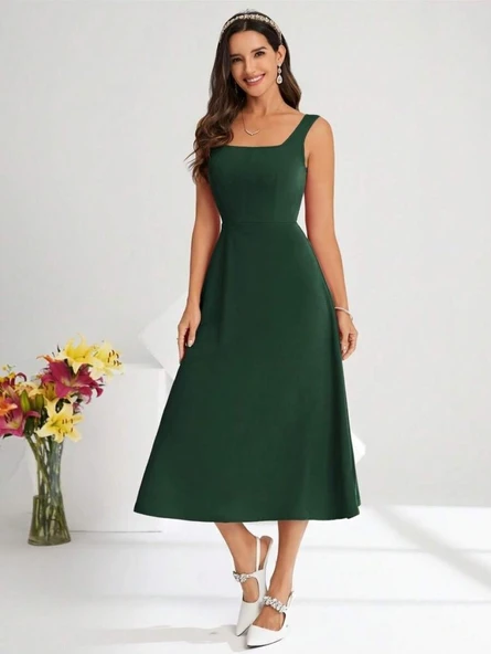 Kadın Askılı Kare Yakalı Midi Ithal Krep Elbise - Resim 16