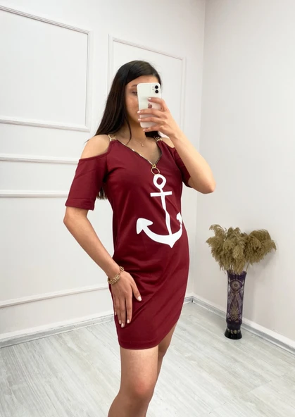 Fermuar Detay çıpa Baskılı Zincir Askılı Iki Iplik Elbise - Bordo - 8