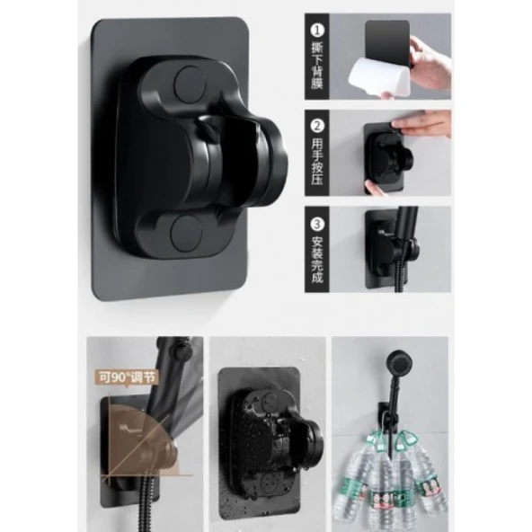 Yapışkanlı Duş Başlığı Tutucu Ayarlı Siyah - Resim 3