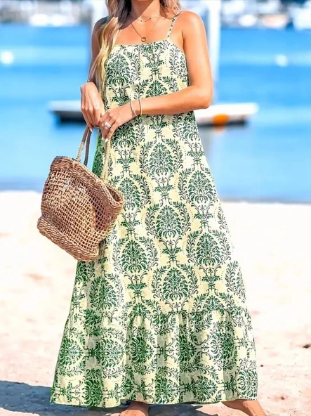 Kadın Ip Askılı Desenli Fırfırlı Süprem Elbise - Resim 10