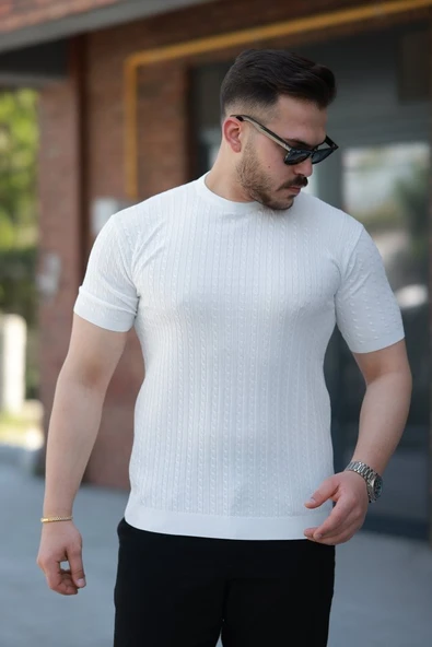 Erkek Bisiklet Yaka örgü Desenli Kısa örme Triko Kısa Kollu T-shirt - 1