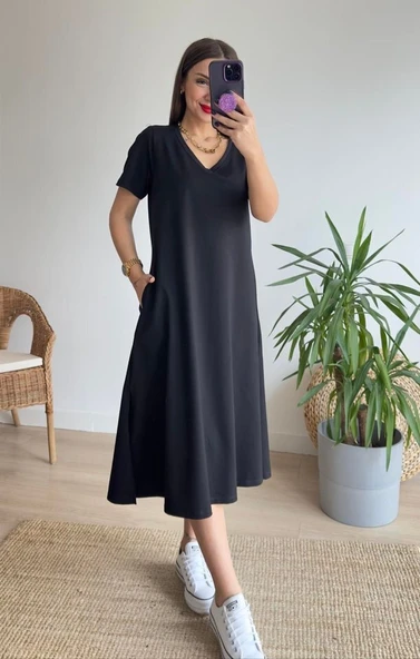 Kadın Kısa Kollu V Yaka Cepli A Kesim Detaylı Viskon Elbise - Resim 5