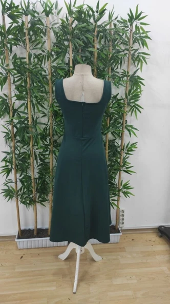 Kadın Askılı Kare Yakalı Midi Ithal Krep Elbise - Resim 19