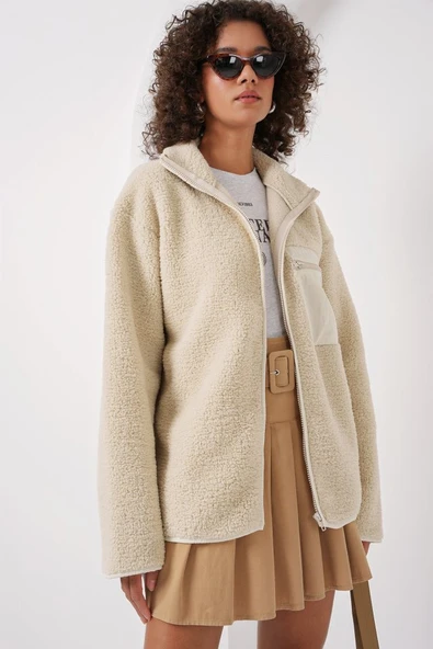 55446 Fermuarlı Oversize Peluş Ceket Mont - Krem - 4