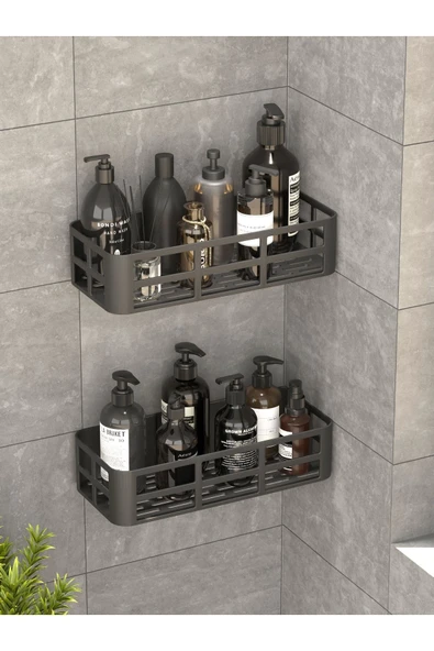 Banyo Duş Rafı 2'li Yapışkanlı ve Deliksiz Duş Organizer Suya Dayanıklı Siyah Raf - 1