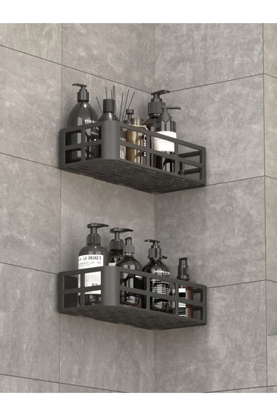 Banyo Duş Rafı 2'li Yapışkanlı ve Deliksiz Duş Organizer Suya Dayanıklı Siyah Raf - 4
