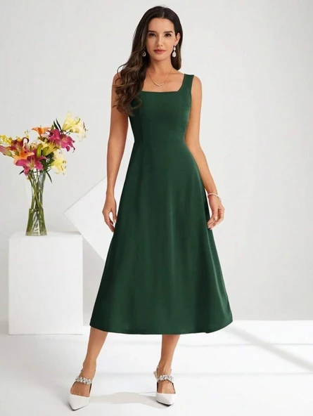 Kadın Askılı Kare Yakalı Midi Ithal Krep Elbise - Resim 2