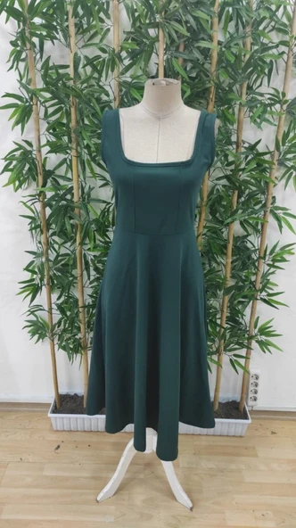 Kadın Askılı Kare Yakalı Midi Ithal Krep Elbise - Resim 7