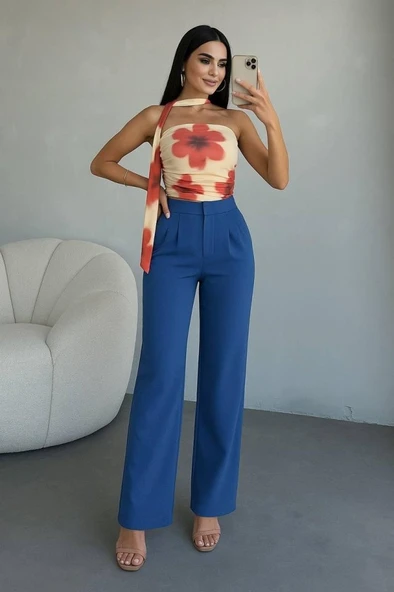 Kadın Yüksek Bel Plise Detay Bol Paça Pantolon ürün görseli