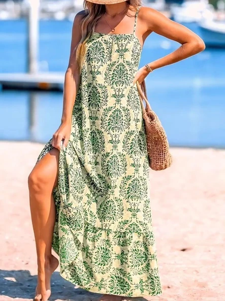 Kadın Ip Askılı Desenli Fırfırlı Süprem Elbise ürün görseli