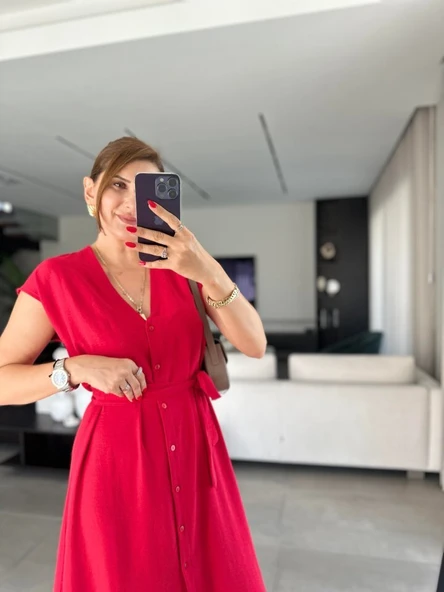 Kadınn V Yaka Düğme Detay Kuşak Dahil Elbise - Resim 2