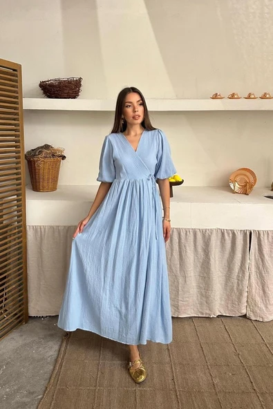 Bebe Mavi Müslin Uzun Elbise - Resim 3
