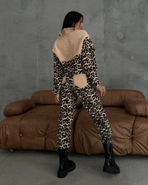 Kadın 3 Iplik Kumaş Leopar Desenli Ikili Takım - Resim 7
