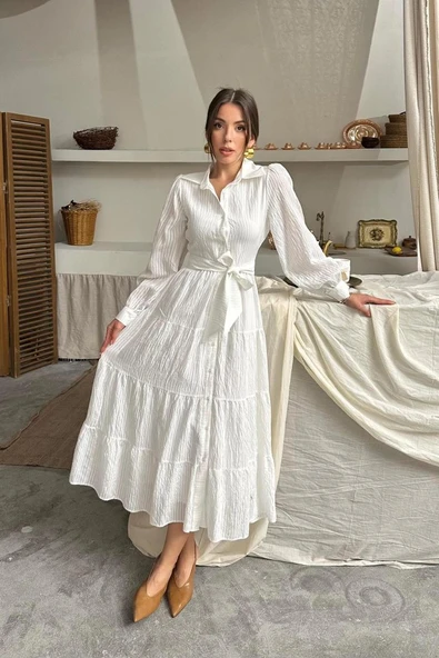 Ekru Çizgi Desenli Uzun Elbise - Resim 2