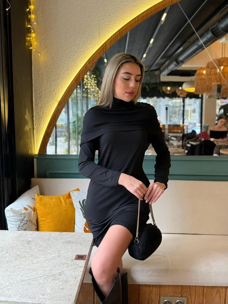 Kadın Uzun Kollu Balıkçı Yaka Omuz Katlamalı Dalgıç Kısa Elbise ürün görseli