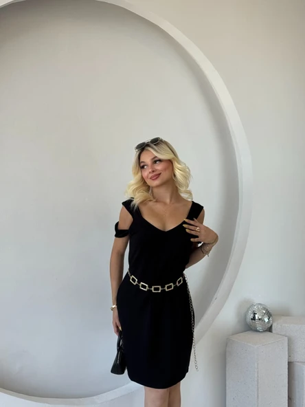 Kadın Askılı Soğuk Omuz Detaylı Modal Elbise - Resim 5