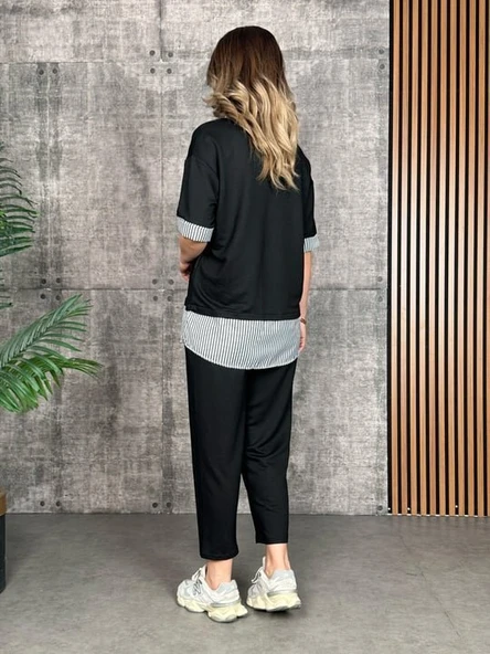 Kadın Modal Kumaş çizgili Gömlek Yaka Ikili Takım - Resim 4