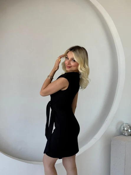 Kadın Kısa Kap Kollu Bisiklet Yaka Belden Bağlamalı Modal Mini Elbise - Resim 6