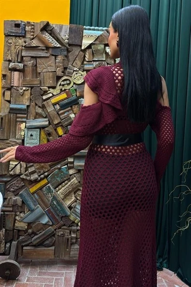 Saten Kuşaklı Ajurlu Triko Elbise 2847 - Resim 16