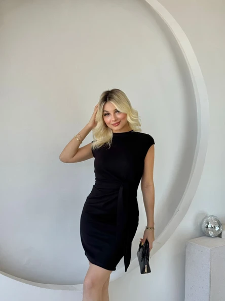 Kadın Kısa Kap Kollu Bisiklet Yaka Belden Bağlamalı Modal Mini Elbise - Resim 5