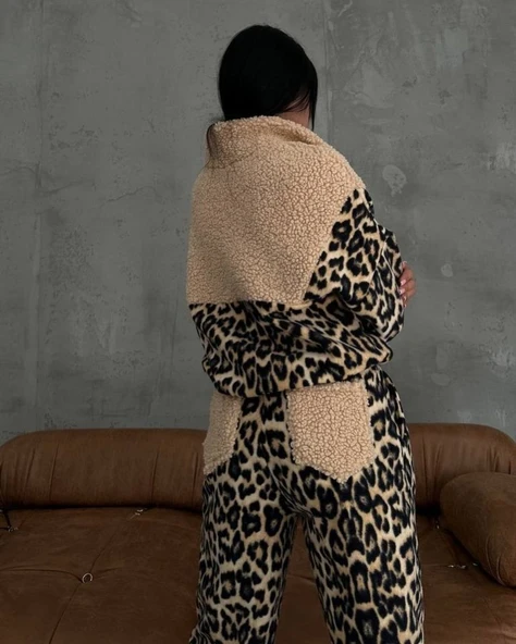 Kadın 3 Iplik Kumaş Leopar Desenli Ikili Takım - Resim 9