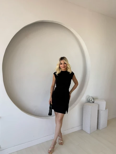 Kadın Kısa Kap Kollu Bisiklet Yaka Belden Bağlamalı Modal Mini Elbise - Resim 2