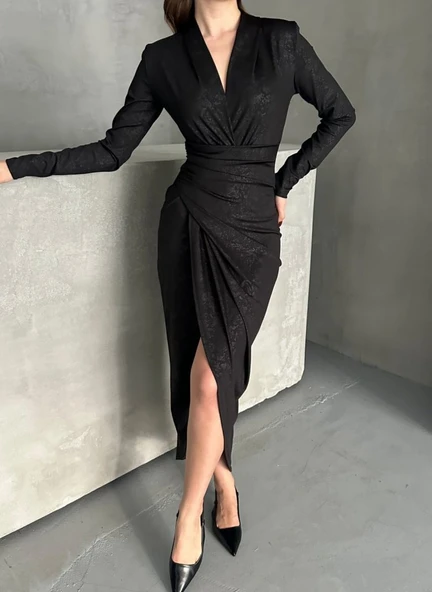 Drape Detaylı Midi Elbise - Resim 2