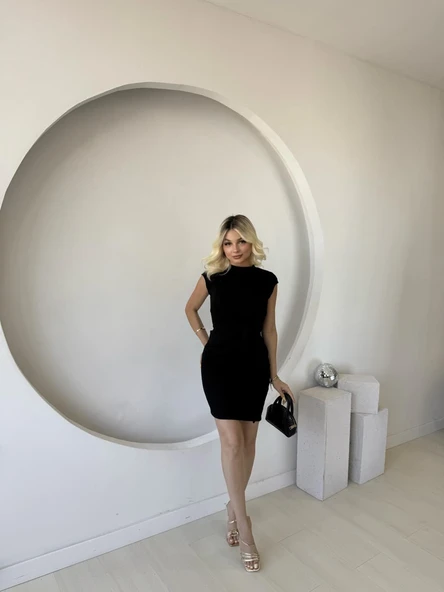 Kadın Kısa Kap Kollu Bisiklet Yaka Belden Bağlamalı Modal Mini Elbise - Resim 4