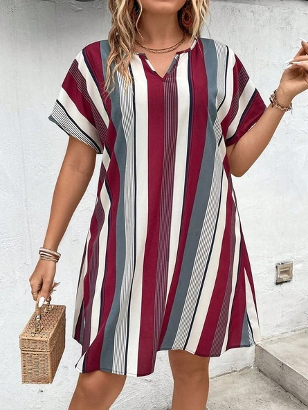 Kadın Kısa Kollu V Yakalı çizgi Baskılı Süprem Elbise - Resim 14