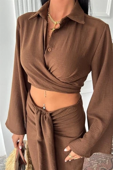 Crop Gömlekli Ve Eteği Büzgülü Tasarım Takım 10195 - Resim 20