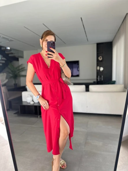 Kadınn V Yaka Düğme Detay Kuşak Dahil Elbise - Resim 4