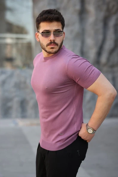 Erkek Viskon Kumaş Bisiklet Yaka Basic Tişört - Resim 5