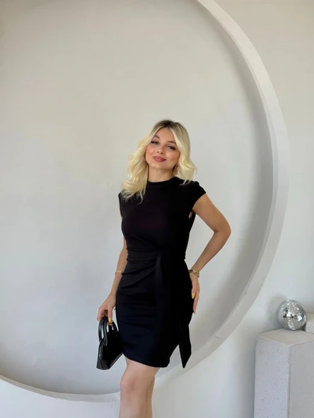 Kadın Kısa Kap Kollu Bisiklet Yaka Belden Bağlamalı Modal Mini Elbise ürün görseli