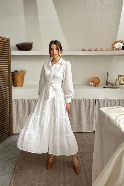 Ekru Çizgi Desenli Uzun Elbise - Resim 4