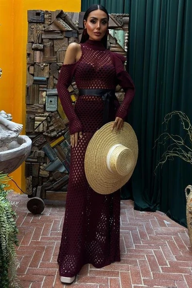 Saten Kuşaklı Ajurlu Triko Elbise 2847 - Resim 13