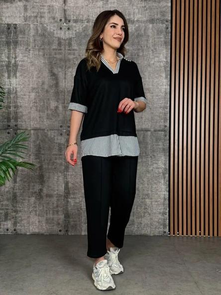 Kadın Modal Kumaş çizgili Gömlek Yaka Ikili Takım - Resim 5