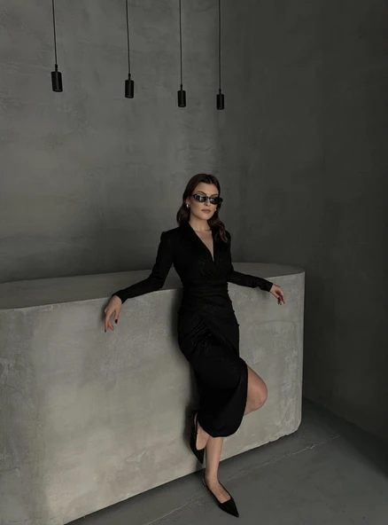 Drape Detaylı Midi Elbise - Resim 3