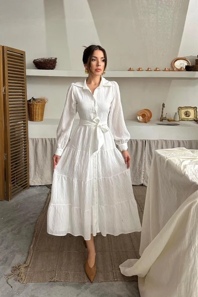 Ekru Çizgi Desenli Uzun Elbise - Resim 3