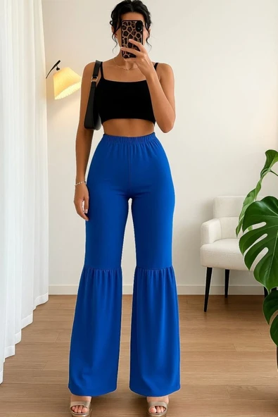 Kadın Yüksek Bel Parça Detay Bol Paça Pantolon - Resim 2