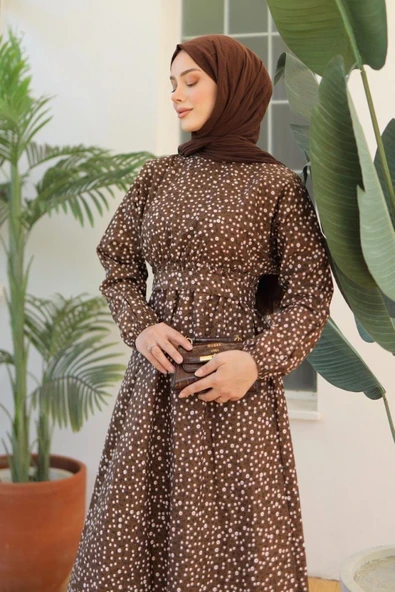 Kadın Papatya Desen Bisiklet Yaka Belden Bağlamalı Elbise ürün görseli