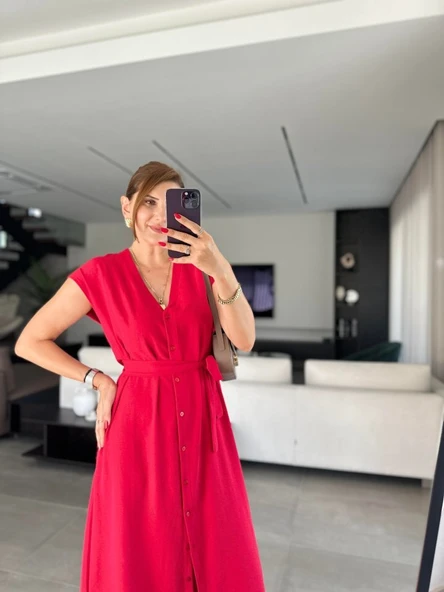 Kadınn V Yaka Düğme Detay Kuşak Dahil Elbise - Resim 6