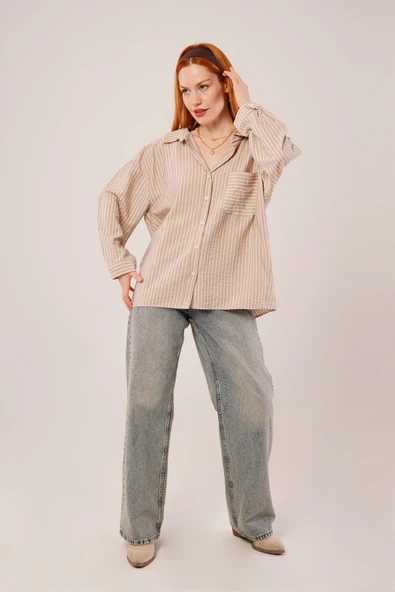 Çizgi Detaylı Cepli Camel Gömlek - Resim 2