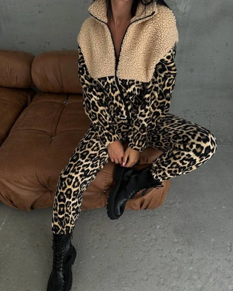 Kadın 3 Iplik Kumaş Leopar Desenli Ikili Takım - Resim 6