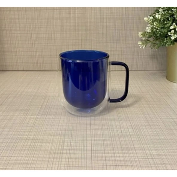 Çift Cidarlı Cam Kupa Lacivert Renk - Resim 6