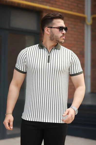 Erkek çizgili Fermuar Yakalı Kısa Kollu Tişört ürün görseli