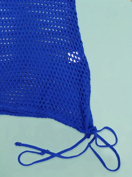 Kadın Askılı Eteği Büzgü Bağlama Detay Delikli örme Triko Pareo Elbise - Resim 5