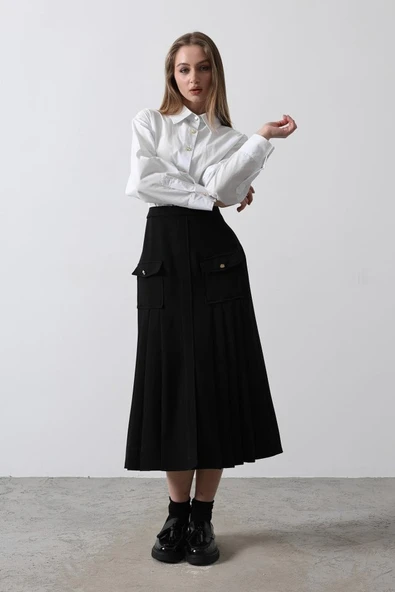 Pileli Kontrast Gömlek Elbise - Beyaz ürün görseli