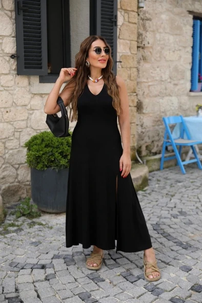 Kadın Askılı V Yakalı Yırtmaçlı Viskon Elbise ürün görseli